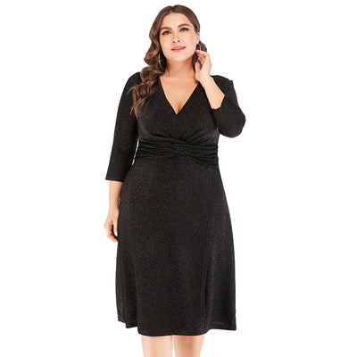 Elegant Bright Silk Ruched Plus Size Dress Sexy Long Sleeve Sexy Deep V Skinny Party A-Line Dress Ladies In Offers Women Autumn
