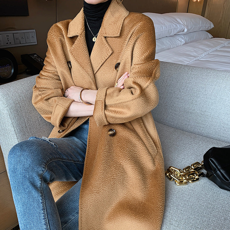 Suit Collar Long Sleeve Double Breasted Mid-Length Double-sided Cashmere Women&#39;s Coat Jacket Pure Wool Woolen Water Ripple