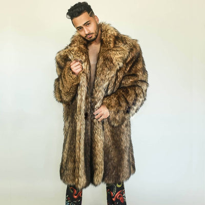 Men&#39;s winter new hot-selling street hip-hop rock singer imitation raccoon fur mid-length coat trendy men&#39;s American style