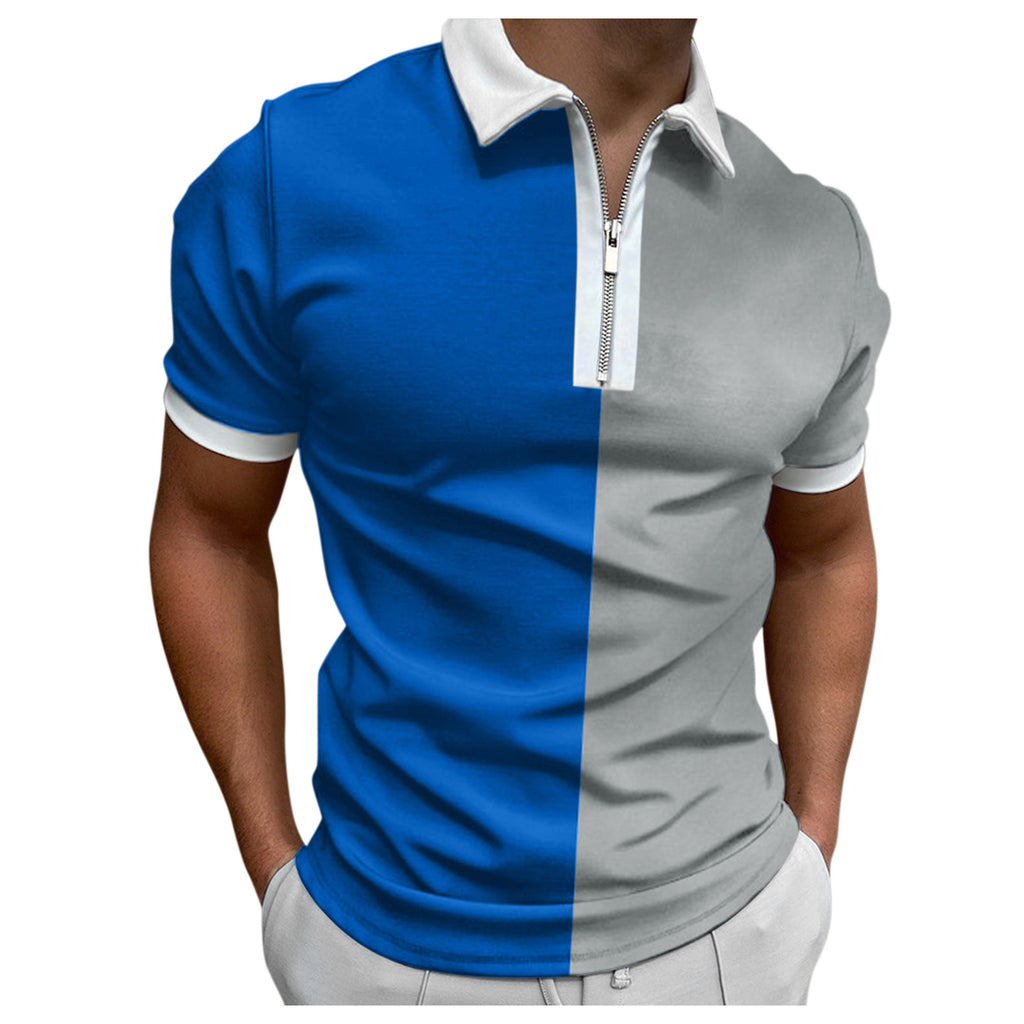 Male Summer Casual Print Zipper Turn Down Collar Blouse Short Sleeve Tops Shirt Bench Clothing Men