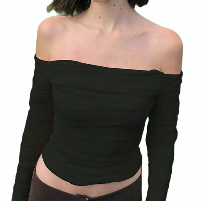 One-shoulder mesh pleated long-sleeved blouse women&#39;s y2k sexy and careful navel exposed T-shirt