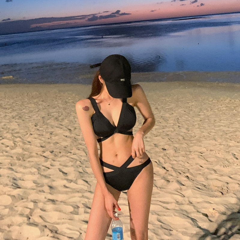 Two Piece Swimsuit Female Black Bikini Small Chest Push Up Lacing Sexy Slimming Swim Suit Women&#39;s Summer Seaside Vacation Bikini