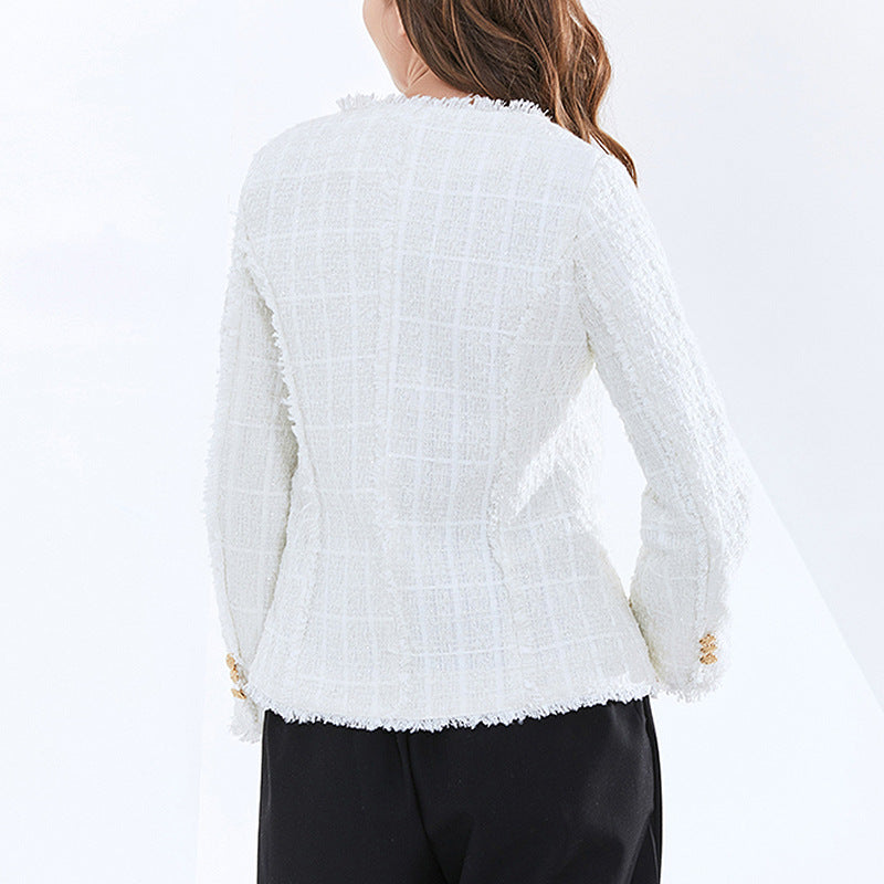 Plaid Tweed Burr Blazers Women White V-Neck Double Breasted Long Sleeve Office Work Suits Woman Slim Fashion Solid Colors Blazer