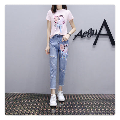 Women Casual Sequins Cartoon Pig Print T Shirts Pants Suits Cartoon Printed Woman Loose Tshirt Calf-Length Denim Trousers Sets