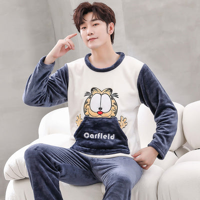 Lovely Cat Pajamas For Couple Adult Unisex Pajamas Set Flannel Warm Cartoon Pajamas Set Winter 2 Piece Sleepwear Thicken Pyjamas
