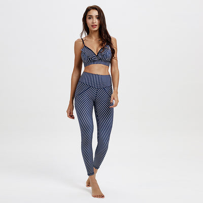 2 Piece Set Women Striped Fitness Set Push Up Seamless Yoga Sets Sports Bra + High Waist Leggings Sexy High Elastic Workout Suit