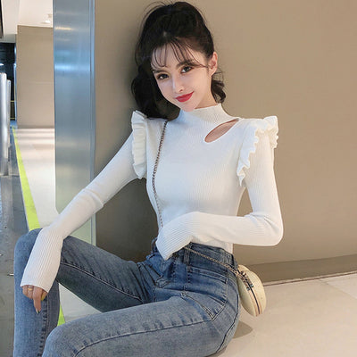 2022 Autumn Winter Ne Half High Collar Sweater Women Ruffles Off-shoulder Long Sleeve Jumper Solid All-match Slim Knit Pullovers
