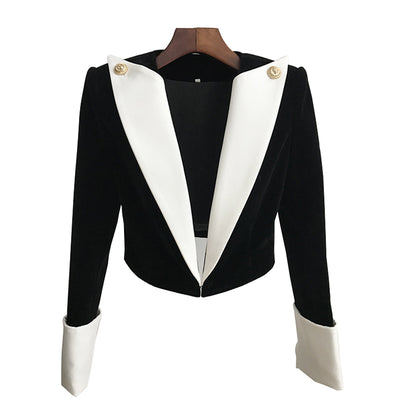 2022 Spring And Autumn New Fashion Big Lapel Black And White Contrast Color Small Fragrance Velvet Women's Short Suit Jacket Bla