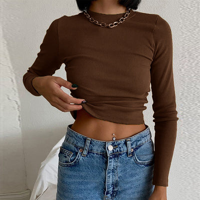 Autumn Spring Casual Simple Style T-shirts Women Solid Long Sleeve Round Neck Slim Fit Ribbed Crop Tops Ladies Basic Tees S M L