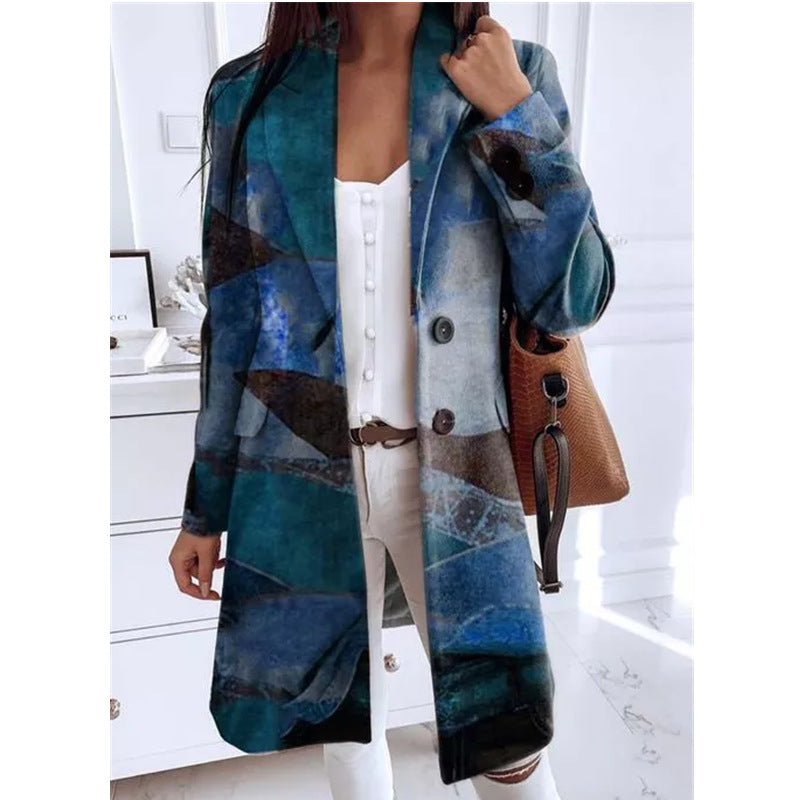 2021 Autumn and Winter New Women&#39;s Clothing European and American Art Printing Loose Large Wool Suit Slim Coat Jacket