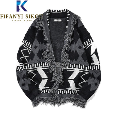 Cardigan Women Autumn Knitted Sweater Jacket Geometric Embroidery Fashion Tassel V-Neck Knit Coat Loose Black Sweaters Female