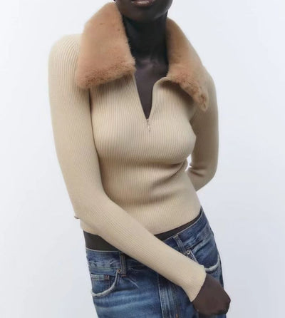 Fashion Faux Fur Collar Zipper Women Sweater Long Sleeve Slim Knitted Pullover Solid Color Chic Tops Winter Warm Clothes