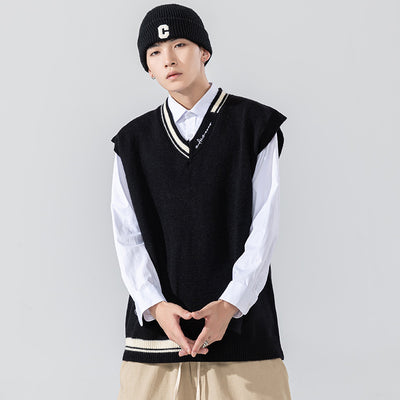 2022 autumn new loose V-neck sweater vest Japanese fashion all-match color sleeveless vest sweater men