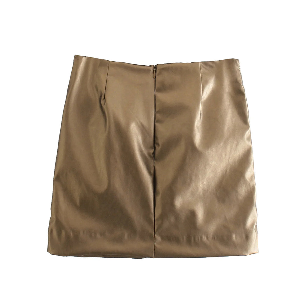 xikom Women Vintage PU Streetwear Solid Mini Skirt Ladies Casual Female Slim High Waist Chic Folds Skirt