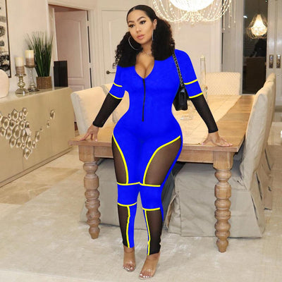 AHVIT New Style Patchwork Mesh See Through Sexy Women Jumpsuits Long Sleeve Skinny Party Romper YD-Y8120