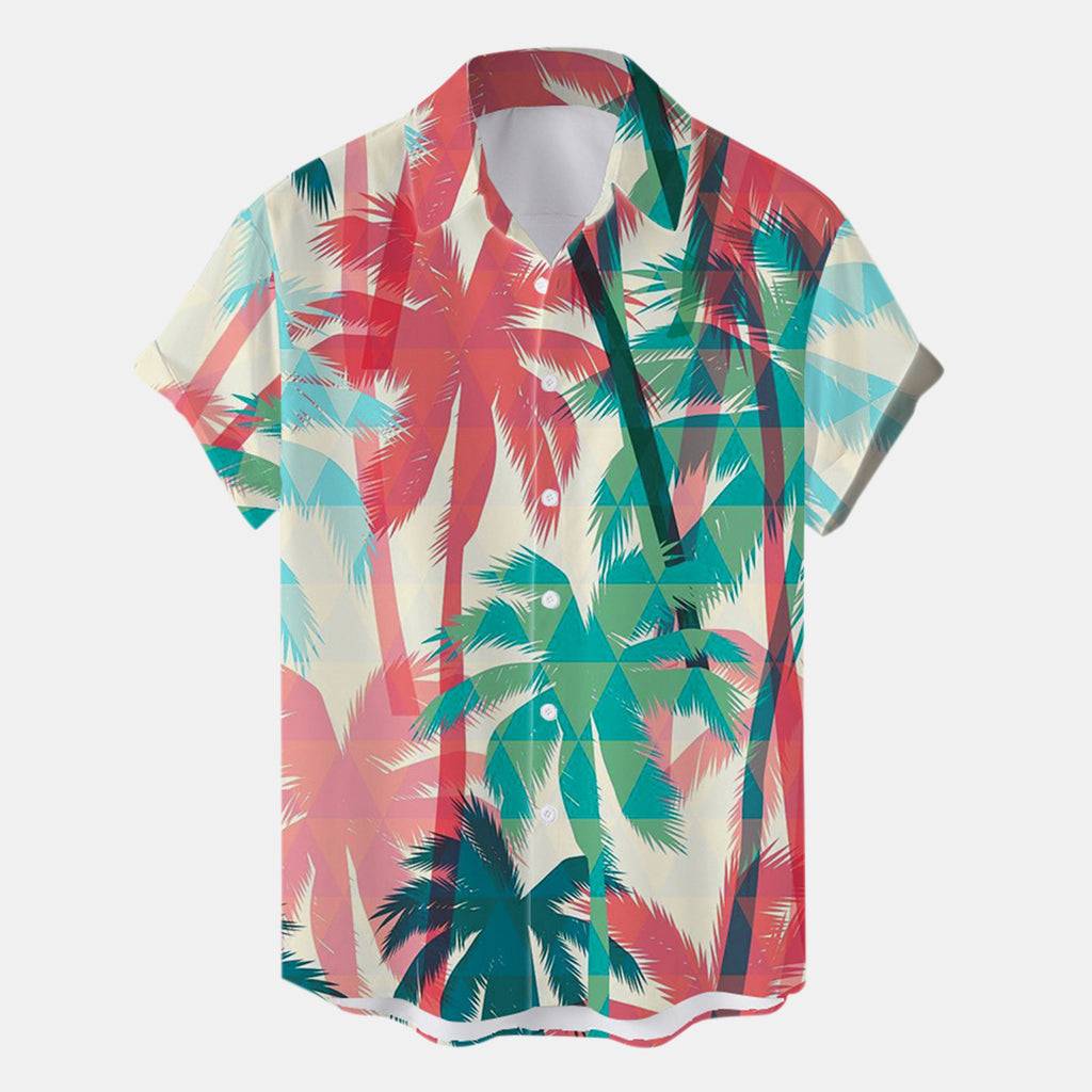 Male Summer Hawaii Tree Print Shirt Blouse Short Sleeve Turn Down Collar Shirt