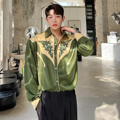 Retro Advanced Men&#39;s Green Satin Shirt Embroidery Patchwork Male Shirts Top