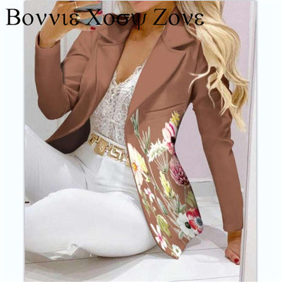 Notched Collar Floral Print Long Sleeve Pocket Design Blazer Coat Elegant Work Coat
