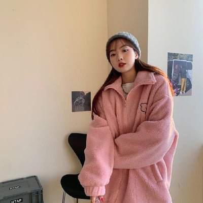 2022 Letter Pink Zippercoat Lamb Wool Keep Warm Mid-length Women Sweatshirt Embroidery Cute Biscuit Bear Fashion Lady Pullover