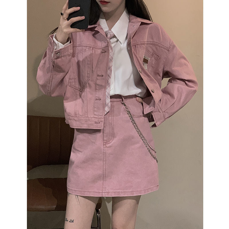 Retro  denim skirt two piece set 2021 summer Korean fashion new turn-down collar short jacket + mini skirt suit