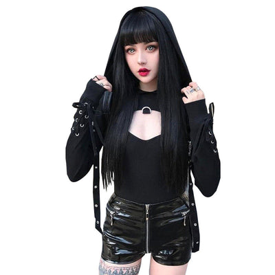 new Women Dark Black Gothic Tops Short Hooded Hoodies Crop Top Fashion Criss-Cross lace Up Sexy Vampire Hoody sweatshirts solid