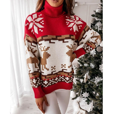 2021 Christmas Winter New Aesthetic WOMEN Graphic Baggy Sweater High Collar Elk Jacquard Knitted