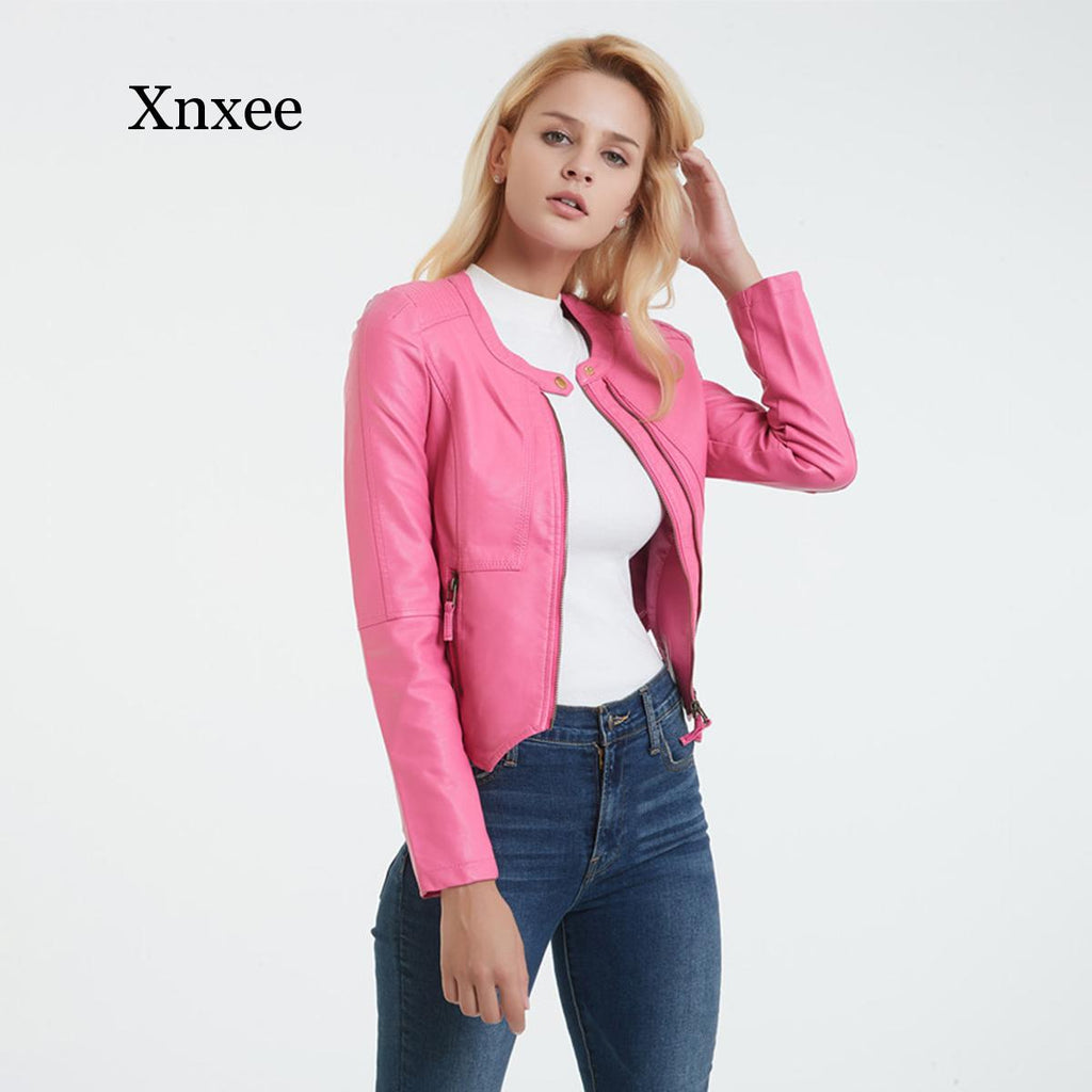 pink 2021 Autumn Women Moto Faux Leather Jacket Black Pink Double Chains Long Sleeves Jackets Vintage Chic Cool PU leather Coats