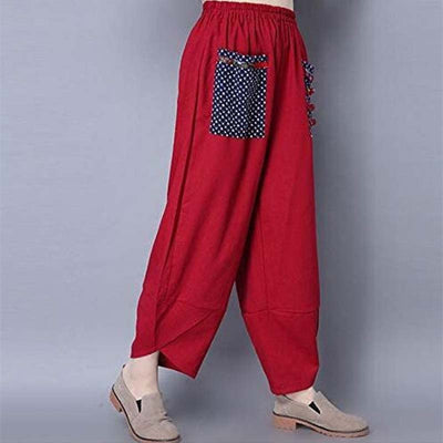 2022 Summer Women Cotton Linen Wide-Leg Pants Patchwork Loose Casual Trousers Thin Elastic Waist Big Pocket Comfortable Pants