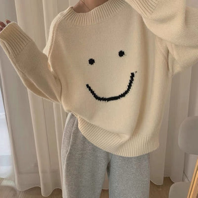 MOARCHO Casual Smile Sweater Female Long Sleeve White Black Pullover Oversize Basic Roomcloth Office Lady 2021 Winter