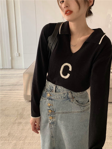 WAKUTA Ins 2021 Elegant Casual Woman Sweaters Korean Fall V Neck White Black Loose Letter Printed Knitted Pullovers All Match