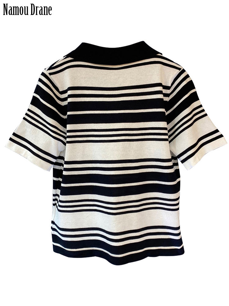 Namou Drane Korean-style Autumn 2022 New Matching Color Striped POLO Neck Short Sleeve T-shirt Women&#39;s Knitwear