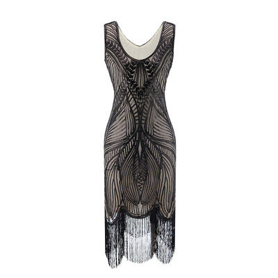 Plus Size 4XL 3XL 20s Women Party Dress Robe Charleston 1920s Great Gatsby Flapper Sequin Fringe Midi Dress Summer Retro Black