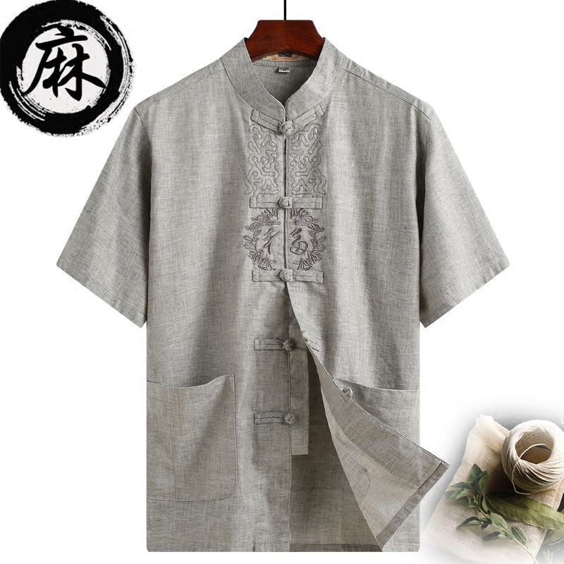2022 Traditional Chinese Men&#39;s Shirt Retro Casual Linen Short Sleeved Tang Suit Tai Chi  Martial Arts Tops Summer Clothes
