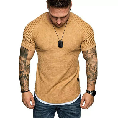 Hot Men&#39;s T-Shirts Pleated Wrinkled Slim Fit O Neck Short Sleeve Muscle Solid Casual Tops Shirts Summer Basic Tee New