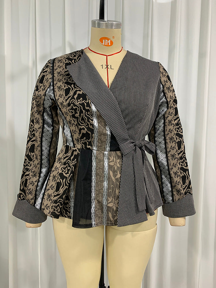 TOLEEN Plus Size Women Clothing 2022 Spring Autumn Fashion Vintage Patchwork Suit Outwear Long Sleeve Belt Casual Oversized Coat
