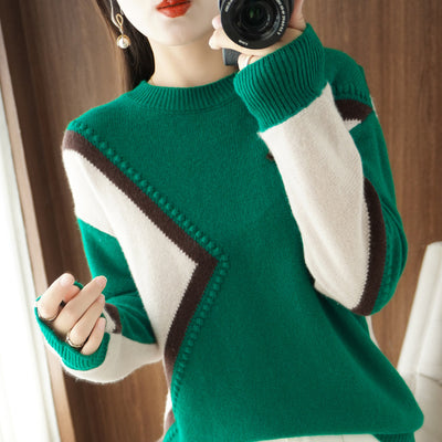 Casual loose women's  pure wool O-neck sweater color matching knitting long sleeve pullover women's cashmere sweater hot new