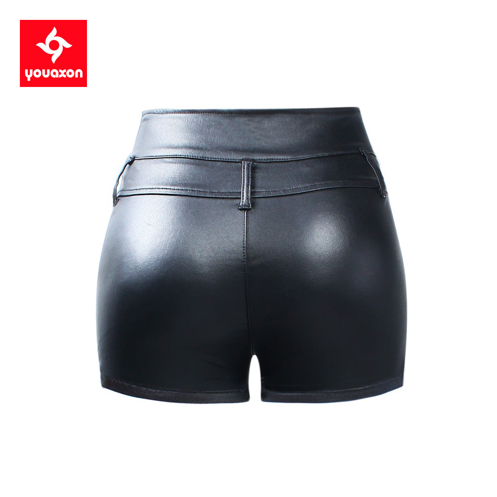 2382 Youaxon New 3 Colors Mid High Waist PU Fleece Skinny Shorts Women`s Sexy Stretchy Zipper Shorts For Women