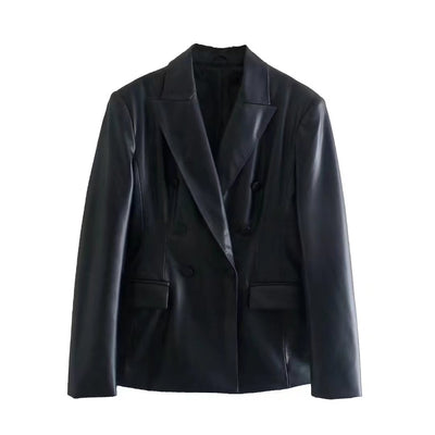 Jenny&Dave 2022 England Style Fashion Double Breasted Leather Blazers Vintage Jacket Women