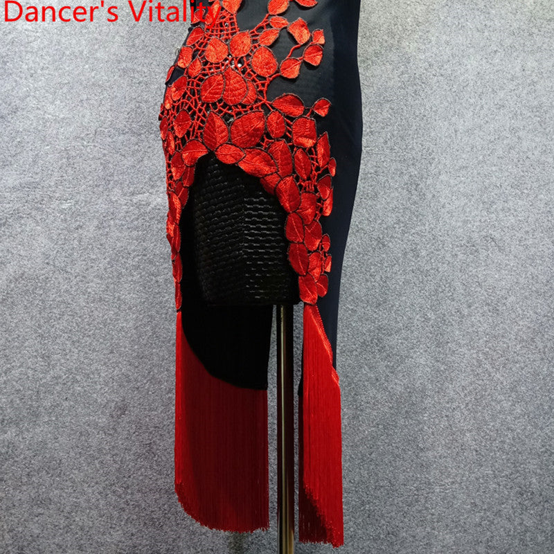 Adult Latin Dance Practice Costume Split Sheer Tassel Dress Backless Cheongsam Rumba Samba Tango Cha Cha Salsa Foxtrot Dance Set
