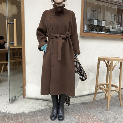 2022 New Korean Wool Coat Women Elegant Cashmere trench Coat with sashes real woolen Outerwear