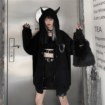 Japanese Zip Up Hoodie Zipper Women Harajuku Punk Gothic Sweatshirt Fairy Grunge Black Jacket Coat Streetwear Alt Emo Clothes