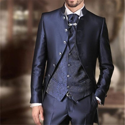 Latest Dark Blue Jacket Pant With Pattern Vest Men Wedding Suits 3 Pieces Costume Homme Groom Terno Masculino Slim Fit Blazer