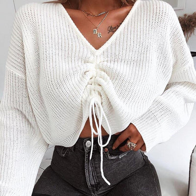 BKLD 2021 Autumn Winter Fashion Casual Female Knitted Jumper Sweaters Women&#39;s Sexy V-neck Long Sleeved Drawstring Pullovers Tops