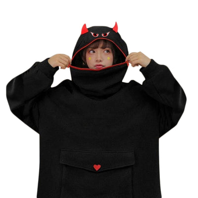 Women Long Sleeve Pocket Oversized Sweatshirt Evil Horns Zip Hoodie Tunic Top F42F