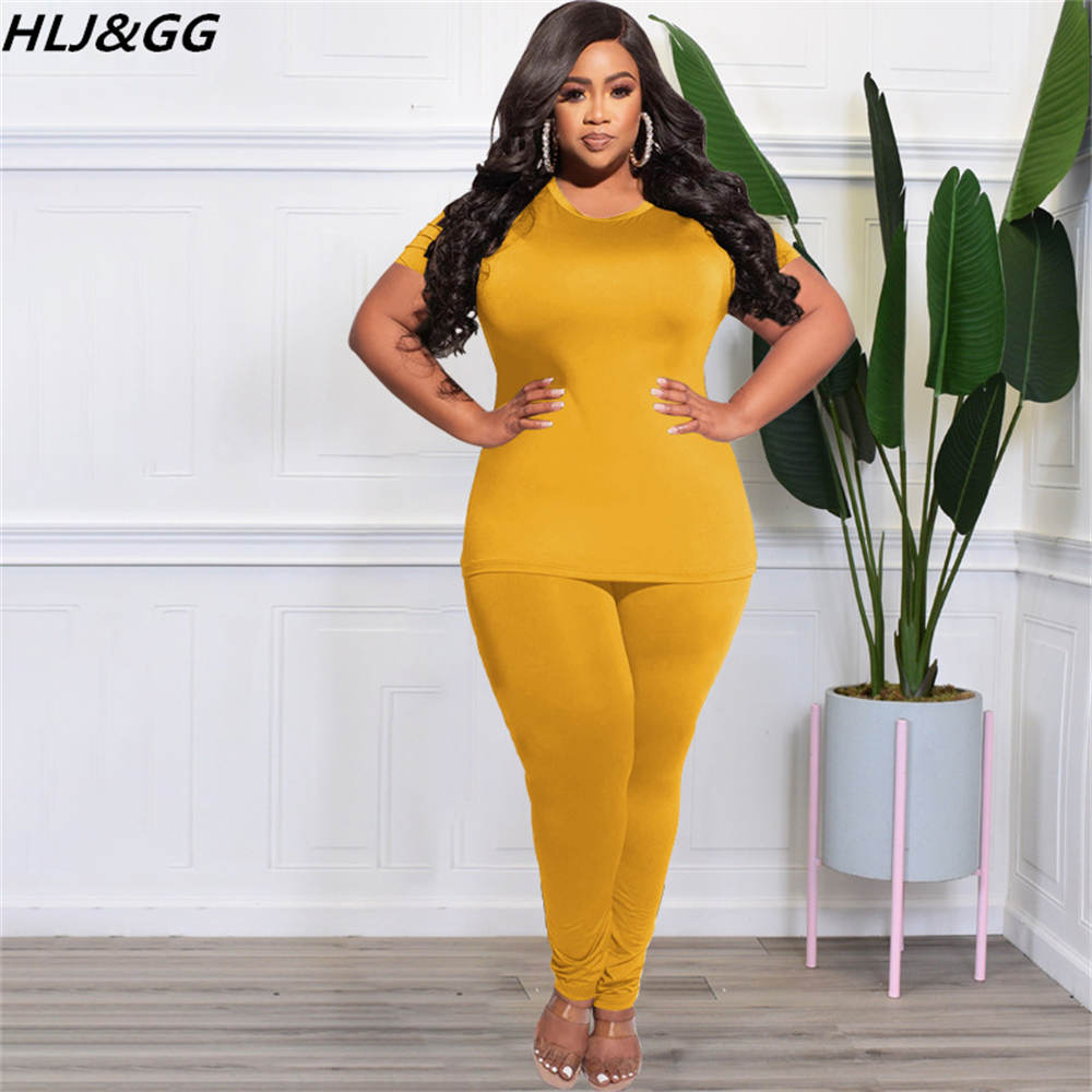 HLJ&amp;GG Plus Size Solid Color Tracksuits XL-5XL Women Round Neck Short Sleeve Tshirt + Jogger Pants Two Piece Casual 2pcs Outfits