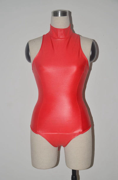 S-2XL Black Red Erotic Maid Cosplay Costumes Black Red Faux Leather Bodysuit Sexy Turtleneck Sleeve Tied Leotard Fetish Catsuit