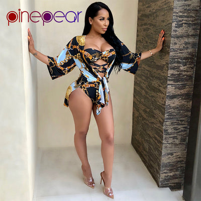 PinePear Gold Chain Print Bandage Bodysuit and Cover Up 2 Piece Set Beachwear 2021 Women Bathing Suit Beach Wear Drop Shipping