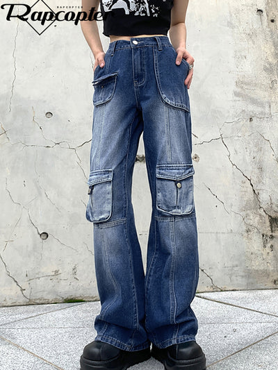 Rapcopter Y2K Zipper Pocket Denim Jeans Women Distressed Button Blue Trousers Loose Wide Leg Summer Joggers Vintage Streetwear