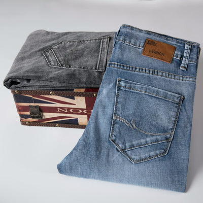 Jeans Men Regular Fit Fashion Business Casual Stretch Light Blue Spring Straight Cut Long Trousers Large Size 40 Pantalon Homme