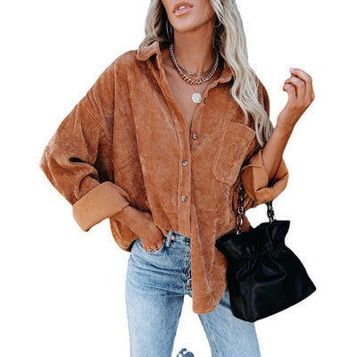 Cotton Casual Corduroy Blouse Women Strip Oversized Women Shirt Jacket Vintage Button Pocket Loose Fashion Blouses Tops 17787